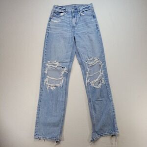 American Eagle Jeans Womens 2 Baggy Straight High Rise Distressed Stretch Denim